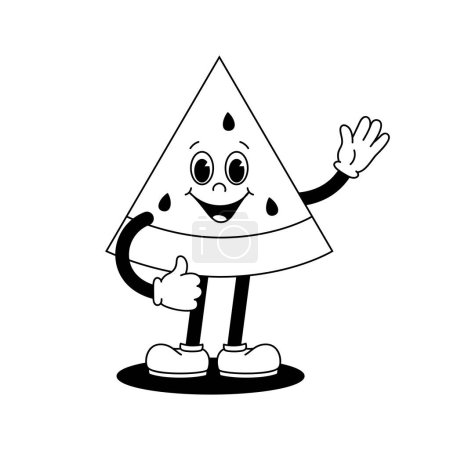 Photo for Vector cartoon retro mascot monochrome illustration of walking watermelon slice. Vintage style 30s, 40s, 50s old animation. The clipart is isolated on a white background. - Royalty Free Image