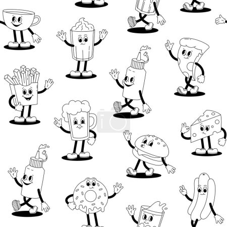 Photo for Vector seamless pattern with cartoon retro mascots monochrome illustration walking street food on white background. Vintage style 30s, 40s, 50s old animation. - Royalty Free Image