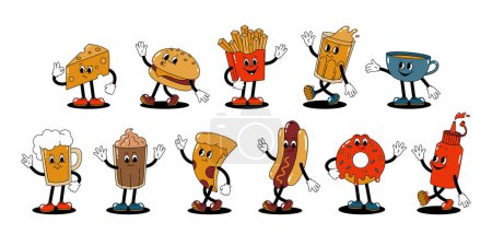 Photo for Vector set with cartoon retro mascots colored illustrations of walking street food. Vintage style 30s, 40s, 50s old animation. Stickers isolated on white background. - Royalty Free Image