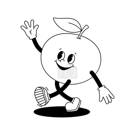 Photo for Vector cartoon retro mascot monochrome illustration of walking orange tangerine. Vintage style 30s, 40s, 50s old animation. The clipart is isolated on a white background. - Royalty Free Image