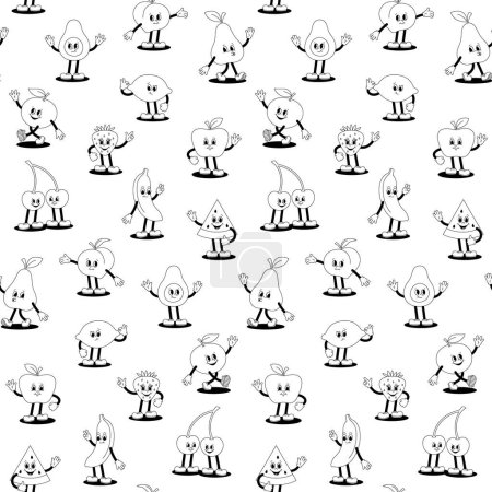 Photo for Vector seamless pattern with cartoon retro mascot monochrome illustration of walking fruits and berries on a white background. Vintage style 30s, 40s, 50s old animation. - Royalty Free Image