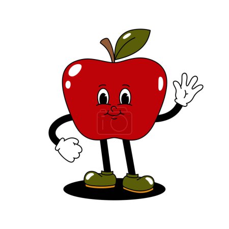 Photo for Vector cartoon retro mascot color illustration walking apple. Vintage style 30s, 40s, 50s old animation. The clipart is isolated on a white background. - Royalty Free Image