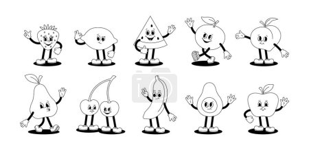 Photo for Vector set of cartoon retro mascots monochrome illustrations of walking fruits and berries. Vintage style 30s, 40s, 50s old animation. The clipart is isolated on a white background. - Royalty Free Image