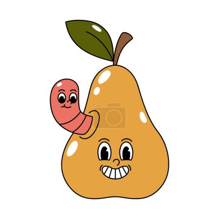 Photo for Vector cartoon retro mascot color illustration pear with worm. Vintage style 30s, 40s, 50s old animation. The clipart is isolated on a white background. - Royalty Free Image