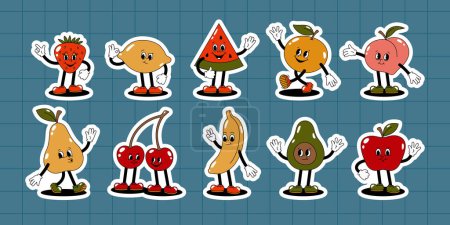 Photo for Vector set of cartoon retro mascot colored illustrations of walking fruits and berries. Vintage style 30s, 40s, 50s old animation. Stickers with a white stroke isolated on a blue checkered background. - Royalty Free Image