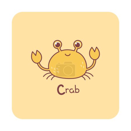 Photo for Vector square card from the alphabet with a cute animal for kids learning. The letter C - crab. Illustration with caption. Hand-drawn character on a yellow background with a white frame - Royalty Free Image