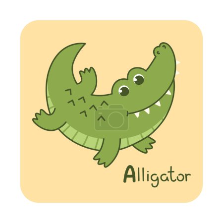 Photo for Vector square card from the alphabet with a cute animal for kids learning. The letter A - alligator. Illustration with caption. Hand-drawn character on a yellow background with a white frame - Royalty Free Image