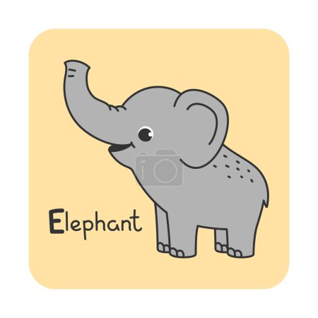 Photo for Vector square card from the alphabet with a cute animal for kids learning. The letter E - elephant. Illustration with caption. Hand-drawn character on a yellow background with a white frame - Royalty Free Image