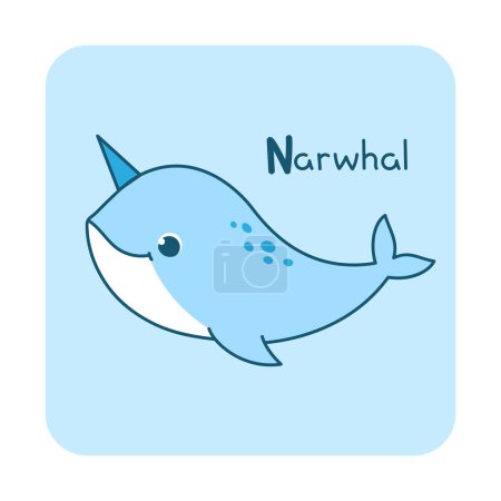 Photo for Vector square card from the alphabet with a cute animal for kids learning. The letter N - narwhal. Illustration with caption. Hand-drawn character on a blue background with a white frame - Royalty Free Image