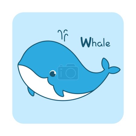 Photo for Vector square card from the alphabet with a cute animal for kids learning. The letter W - whale. Illustration with caption. Hand-drawn character on a blue background with a white frame - Royalty Free Image