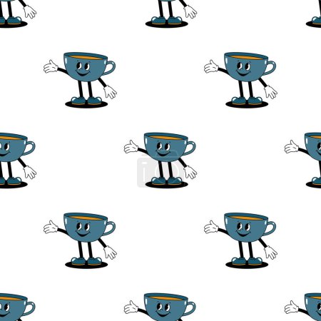 Photo for Vector seamless pattern with cartoon retro mascot color illustration of a walking cup on a white background. Vintage style 30s, 40s, 50s old animation. - Royalty Free Image