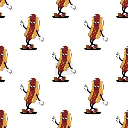 Photo for Vector seamless pattern with cartoon retro mascot color illustration of a walking hot dog on a white background. Vintage style 30s, 40s, 50s old animation. - Royalty Free Image