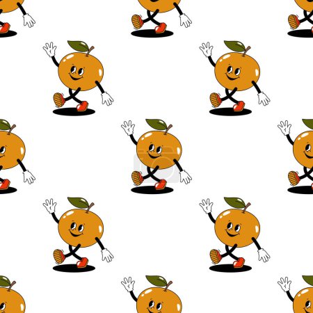 Photo for Vector seamless pattern with cartoon retro mascot color illustration of a walking orange on a white background. Vintage style 30s, 40s, 50s old animation. - Royalty Free Image