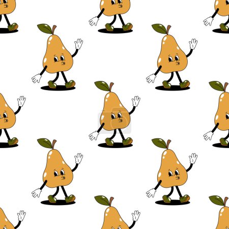 Photo for Vector seamless pattern with cartoon retro mascot color illustration of a walking pear on a white background. Vintage style 30s, 40s, 50s old animation. - Royalty Free Image