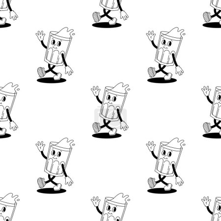 Photo for Vector seamless pattern with cartoon retro mascot illustration of a walking glass on a white background. Vintage style 30s, 40s, 50s old animation. - Royalty Free Image