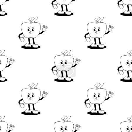 Photo for Vector seamless pattern with cartoon retro mascot illustration of a walking apple on a white background. Vintage style 30s, 40s, 50s old animation. - Royalty Free Image