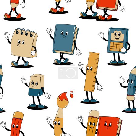Photo for Vector seamless pattern with cartoon retro mascots colored illustrations of walking stationery - pencil, book, brush and notebook. Vintage style 30s, 40s, 50s old animation. - Royalty Free Image