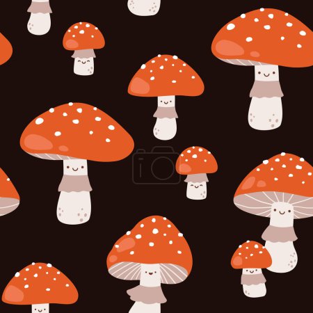 Photo for Vector seamless pattern with cute fly agaric mushroom characters on a dark background - Royalty Free Image