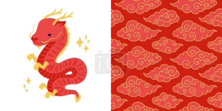 Photo for Vector collection. Illustration of a cute dragon and seamless pattern with clouds in Chinese style - Royalty Free Image