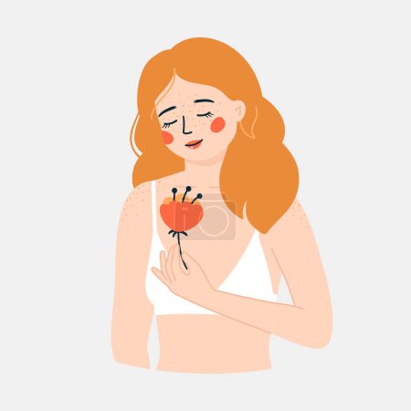 Photo for Vector illustration portrait of a beautiful red-haired girl with freckles. The concept of accepting yourself and your body. Body positivity. - Royalty Free Image