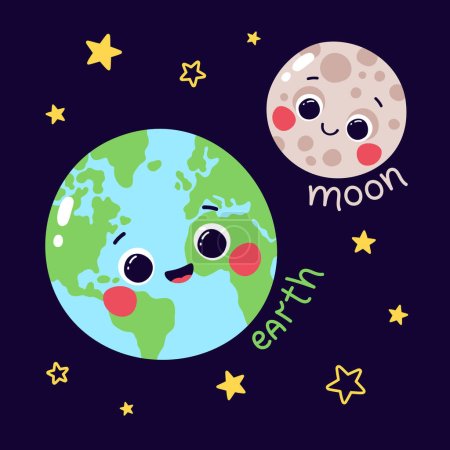 Photo for Cute vector illustration characters planet earth and moon with caption and stars on dark blue background - Royalty Free Image