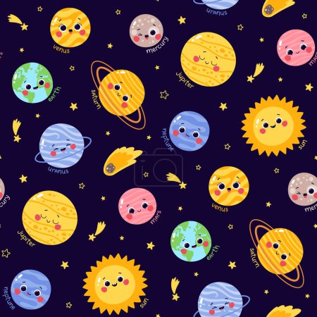Photo for Vector seamless pattern with cute characters planets of the solar system on a dark blue background - Royalty Free Image