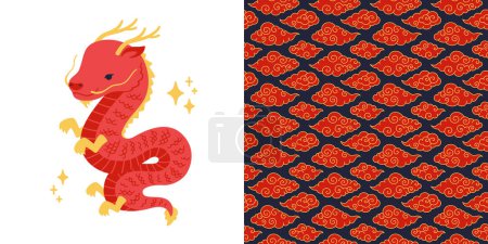 Photo for Vector collection. Illustration of a cute dragon and seamless pattern with clouds in Chinese style - Royalty Free Image