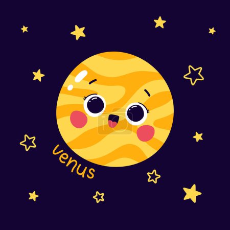 Photo for Cute vector illustration character planet venus with caption and stars on dark blue background - Royalty Free Image