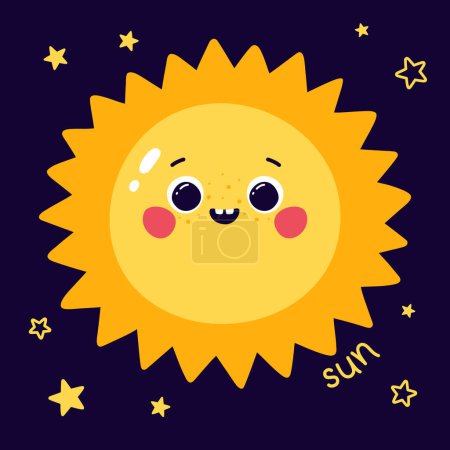 Photo for Cute vector illustration of sun character with caption and stars on dark blue background - Royalty Free Image