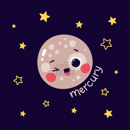 Photo for Cute vector illustration of planet mercury character with caption and stars on dark blue background - Royalty Free Image