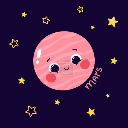 Photo for Cute vector illustration of planet mars character with caption and stars on dark blue background - Royalty Free Image