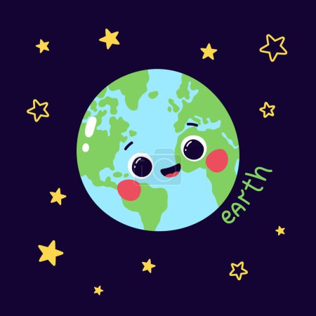 Photo for Cute vector illustration of planet earth character with caption and stars on dark blue background - Royalty Free Image