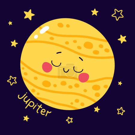 Photo for Cute vector illustration of character planet jupiter with caption and stars on dark blue background - Royalty Free Image