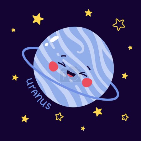 Photo for Cute vector illustration of character planet Uranus with caption and stars on dark blue background - Royalty Free Image