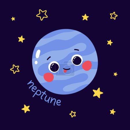 Photo for Cute vector illustration of character planet neptune with caption and stars on dark blue background - Royalty Free Image