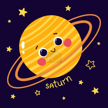 Photo for Cute vector illustration of character planet saturn with caption and stars on dark blue background - Royalty Free Image