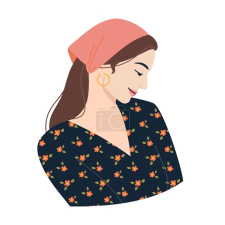 Téléchargez les illustrations : Illustration vectorielle portrait d'une belle fille avec un foulard et un chemisier floral - en licence libre de droit