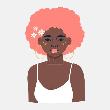 Photo for Vector illustration portrait of a beautiful African American girl with afro pink curly hairstyle and with daisy flowers - Royalty Free Image