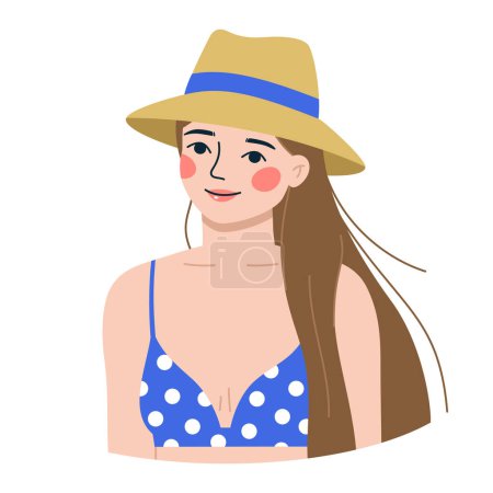 Photo for Vector illustration portrait of a beautiful girl with long hair in a summer straw hat and a swimsuit - Royalty Free Image