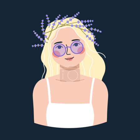 Photo for Vector illustration portrait of a beautiful blonde girl with lilac glasses and a wreath of lavender flowers - Royalty Free Image