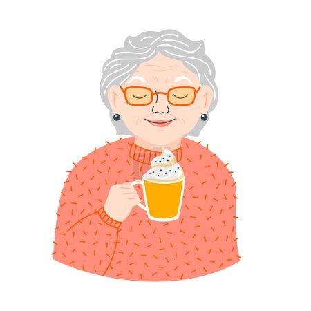 Téléchargez les illustrations : Illustration vectorielle portrait d'une belle femme âgée portant des lunettes et tenant une tasse de latte - en licence libre de droit