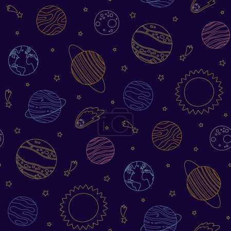 Photo for Vector seamless pattern with linear colored planets of the solar system on a dark blue background - Royalty Free Image