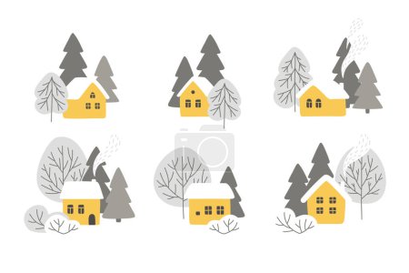 Photo for Vector yellow house and trees in the forest. Winter cozy composition isolated on white background - Royalty Free Image