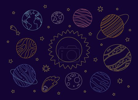 Photo for Vector set of linear color illustrations of planets of the solar system on a dark blue background - Royalty Free Image