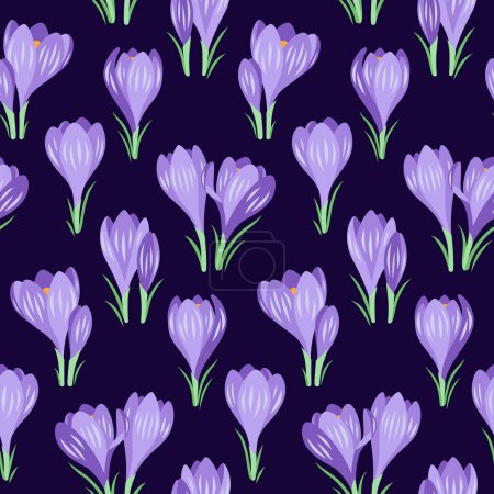 Photo for Vector seamless pattern with spring crocus flowers on a dark blue background - Royalty Free Image
