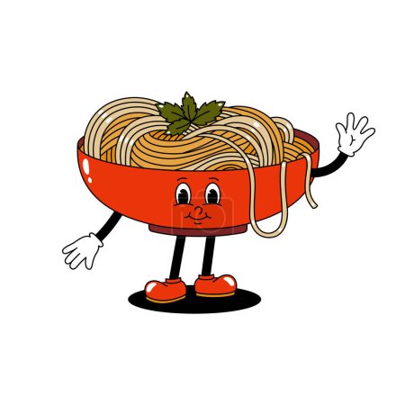 Vektorfarbige Illustration eines Cartoon-Retro-Maskottchens, das auf einem Teller mit Pasta spaziert. Animation im Vintage-Stil der 30er, 40er, 50er Jahre. Aufkleber isoliert auf weißem Hintergrund.