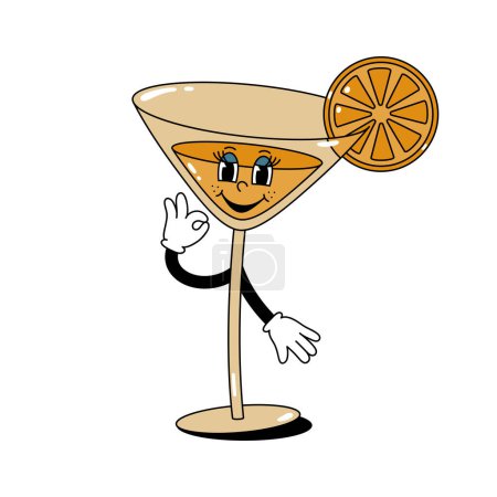 Vektorfarbige Illustration des Retro-Maskottchen-Charakters Wanderglas mit Cocktail und Orangenscheibe. Isoliert auf weißem Hintergrund