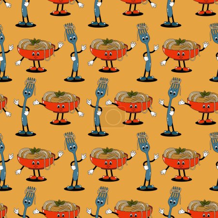 Vector seamless pattern with retro mascot characters walking plate with fork with pasta on yellow background