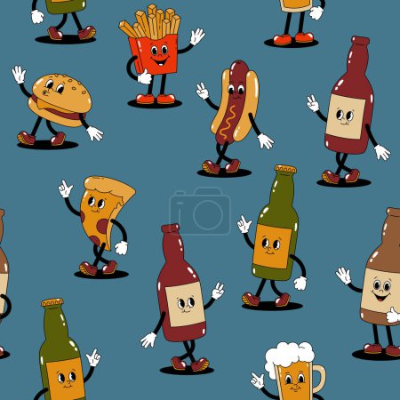 Vector seamless pattern with retro mascot characters walking glass bottles with drink and various fast food on blue background