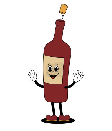 Vektor farbige Illustration der Retro-Maskottchen Charakter zu Fuß Glas Weinflasche mit Korken. Animation im Vintage-Stil der 30er, 40er, 50er Jahre. Isoliert auf weißem Hintergrund.